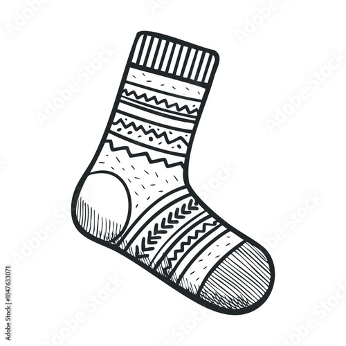 Hand drawn cozy winter sock featuring diverse geometric motifs like vertical stripes, wavy lines, and arrow shapes, ideal for seasonal merchandise, textile designs, or holiday themed