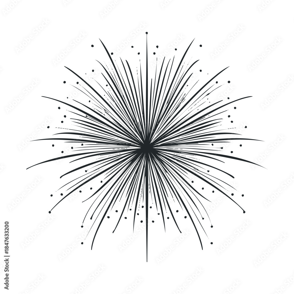 Obraz premium Graphic black and white starburst burst symbol with radiating lines and scattered elements perfect for celebration event designs and visual communication