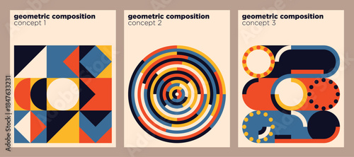 A retro brochure cover set in a colorful geometric style. Vector illustration.