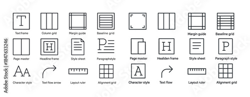 Graphic design icons: grids, frames, styles, and alignment tools