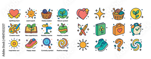 Colorful icon set featuring nature, heart, tools, basket, and sy