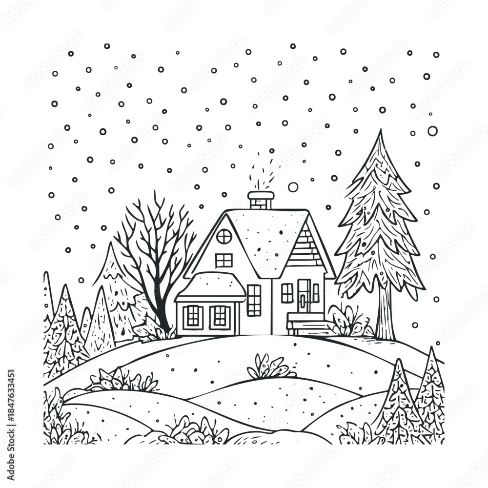 Naklejka premium Charming winter landscape coloring page with a cozy snowy house, evergreen trees, and falling snowflakes, ideal for childrens activities and festive holiday designs.