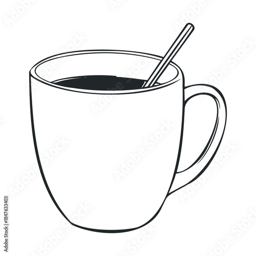 Outline drawing of a hot beverage mug with a stirring spoon, ideal for coffee shop branding, morning drink visuals, or casual kitchen iconography