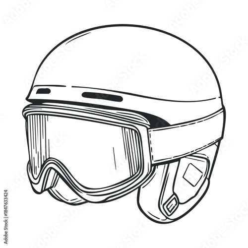 Ski helmet with protective goggles equipment essential for winter sports adventures, outdoor recreation activities, and safety gear presentations.