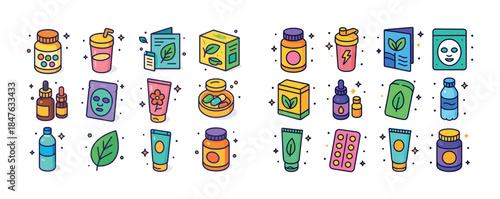 Colorful assorted wellness and health products