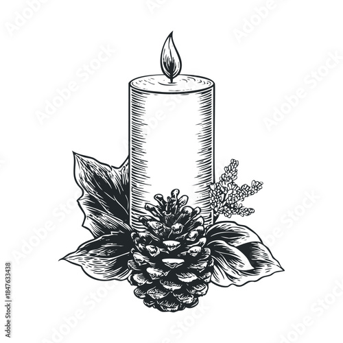 Elegant winter holiday illustration featuring a flickering lit candle surrounded by a detailed pinecone, classic holly leaves, and decorative berries, ideal for festive greeting designs and