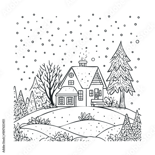 Charming winter landscape coloring page with a cozy snowy house, evergreen trees, and falling snowflakes, ideal for childrens activities and festive holiday designs.