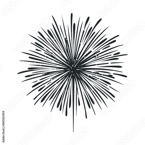 Dynamic fireworks explosion black and white graphic with radiating lines suitable for New Year celebrations, festive events, and promotional materials to convey excitement and energy.