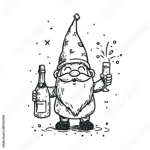 Happy festive gnome with a long beard and traditional pointed cap holding a celebratory champagne bottle and a sparkling glass perfect for holiday greetings and party invitations