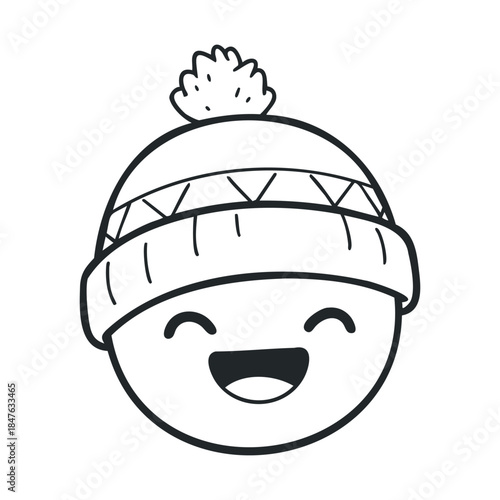 Happy cartoon face wearing a cozy winter beanie hat with a fluffy pompom expressing joy and warmth for seasonal greetings and kidfriendly content