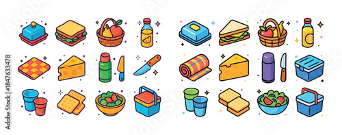 Picnic essentials: sandwiches, cheese, fruits, and drinks in col