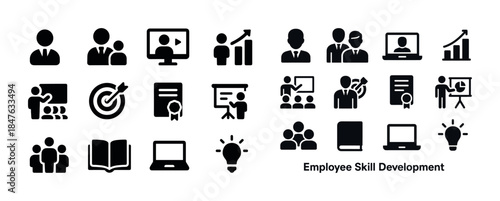 Employee skill development icons: training, growth, presentation
