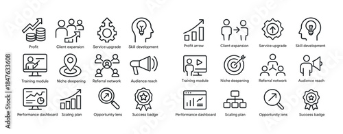 Business strategy icons: profit, client expansion, skill develop