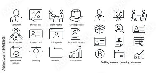 Business consulting icons: strategy, meetings, services, brandin