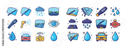 Car weather icon collection with wipers, rain, and road conditio