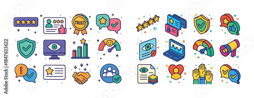 Colorful icons representing business success, trust, and communi
