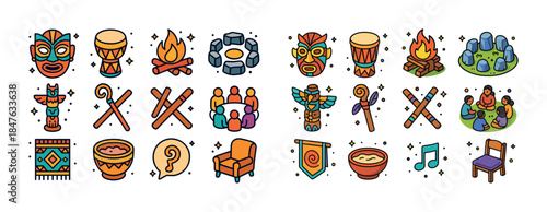 Colorful tribal symbols and objects featuring masks, drums, fire