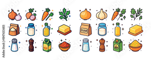 Colorful illustrated ingredients and seasonings collection