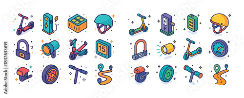 Colorful scooter and accessories icons set with helmets and lock