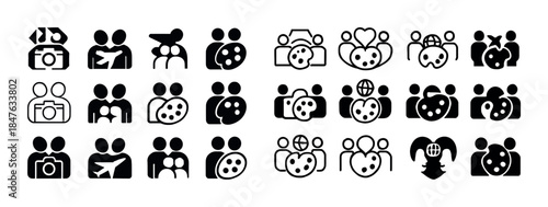 Diverse graphical icons of photography, travel, and art concepts