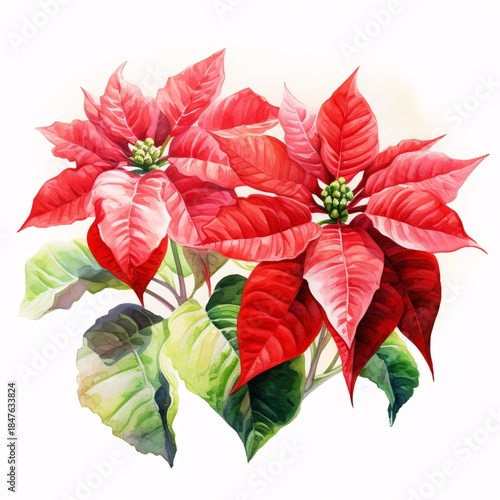 Watercolor painting of two vibrant poinsettia plants with red bracts and green leaves