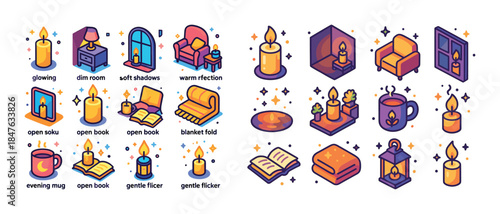 Cozy home symbols: candles, books, mugs, blankets, lanterns in v