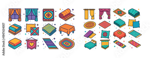 Colorful home decor icons: curtains, rugs, cushions, tablecloths