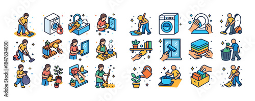 Cartoon illustrations of household chores and everyday tasks