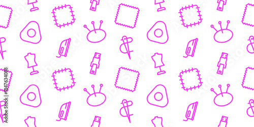 Seamless sewing pattern with fashion design icons of mannequin, scissors, iron, needles, and fabric. Vector background for tailor shop, handicraft, dressmaking, and textile designs