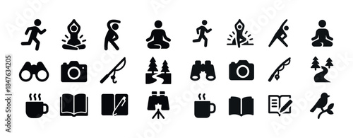 Collection of adventure and relaxation icons for outdoor and wel