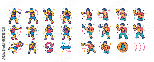 Illustrated male boxer training sequence with equipment and tech