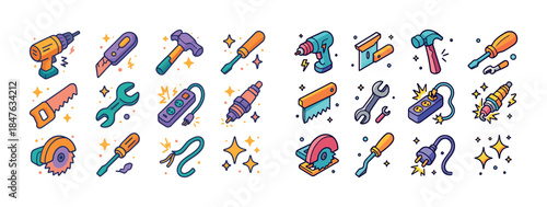 Colorful illustrated hand tools collection with sparkling accent