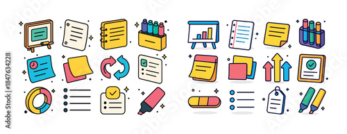 Colorful office supplies and stationery set icons for creative w