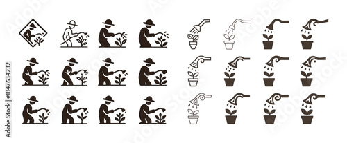 Icon set of gardening stages: planting, watering, growing