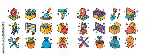Colorful icons of tools and gardening with awards and teamwork