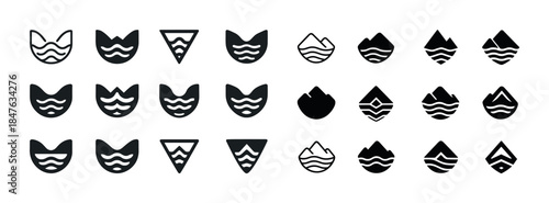 Set of cat-face geometric icons with wave patterns in black and