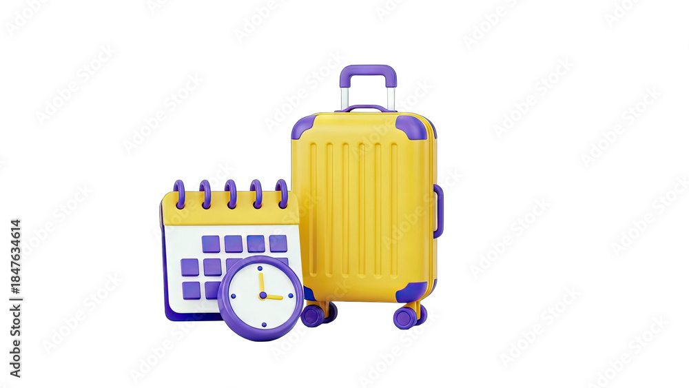 Obraz premium Travel Planning: Suitcase, Calendar, and Clock Concept