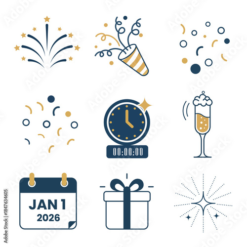 New Year Celebration Icon Set – Party, Fireworks, Countdown Clock and Holiday Elements