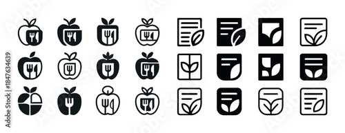 Set of food and nutrition icons featuring apples and leaf motifs