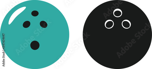 Teal and black bowling balls with holes on white background