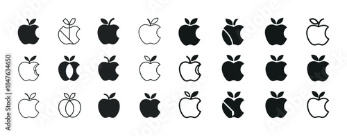 Collection of apple icons: diverse designs and styles in black a