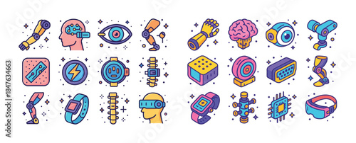 Colorful futuristic technology icons set: robotics, ai, wearable