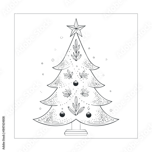 Handdrawn outline Christmas tree adorned with a star and baubles captures a traditional holiday spirit, perfect for winter event invitations, craft designs, and festive promotions.
