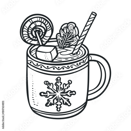 Cozy winter hot chocolate beverage in a decorative mug with a snowflake emblem, featuring a lollipop, marshmallow, gingerbread cookie, and straw for holiday and seasonal promotions