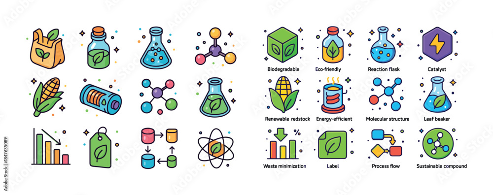 Fototapeta premium Colorful eco-friendly science icons featuring renewable energy a
