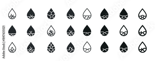 Cracked and whole droplet icons in grid pattern