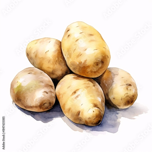 Watercolor illustration of pile of russet potatoes on a white background