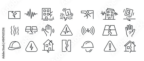 Earthquake icons set: buildings, warnings, seismic activity, saf