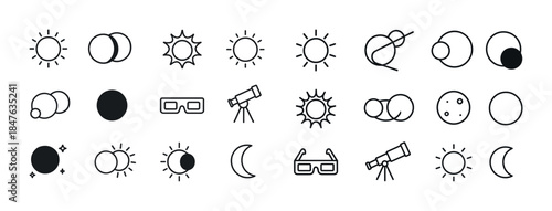 Solar and lunar icon set featuring eclipse, sun, moon, telescope