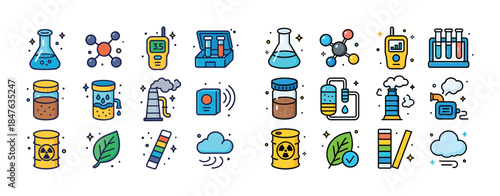 Colorful environmental science icons set with chemical, pollutio